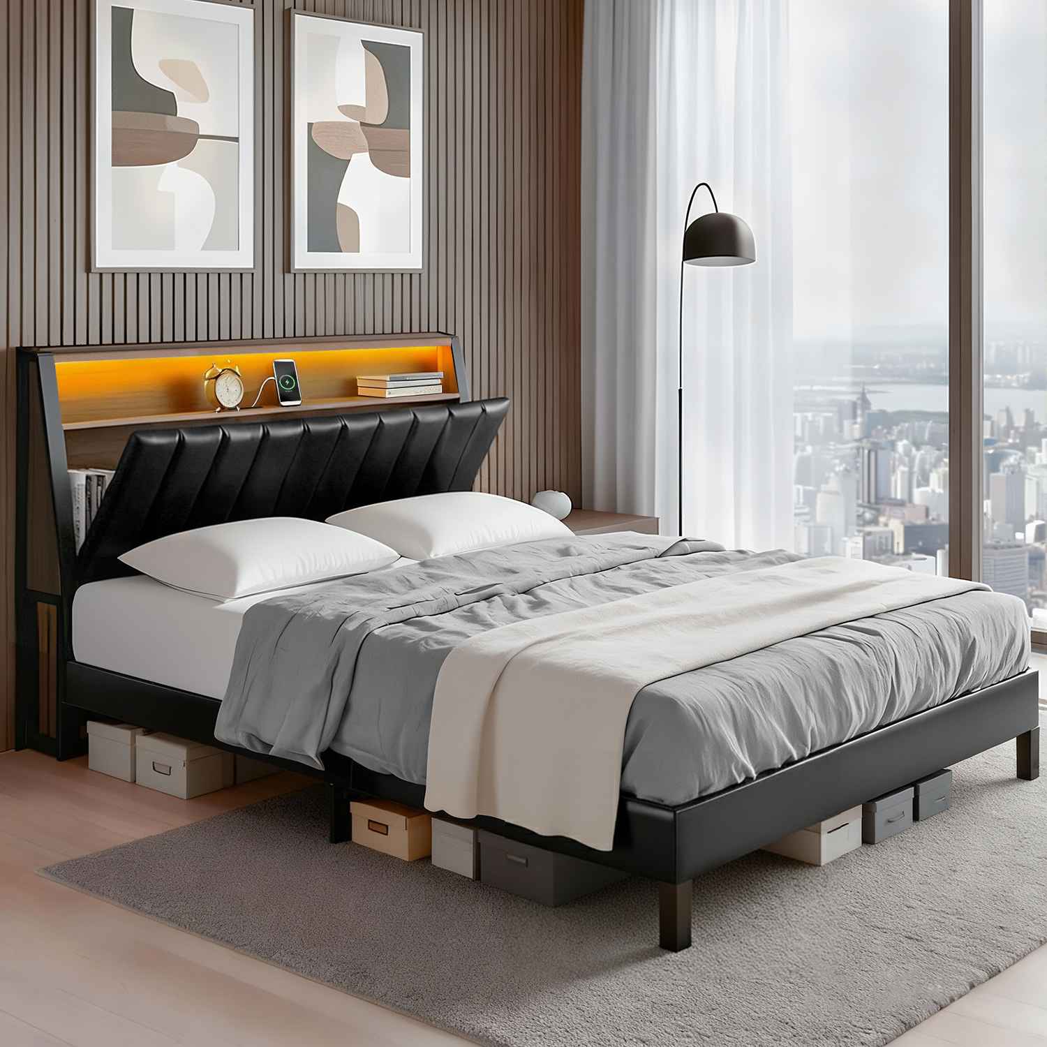 JINA Smart LED Lighting and Hidden Storage Bed Frame Queen