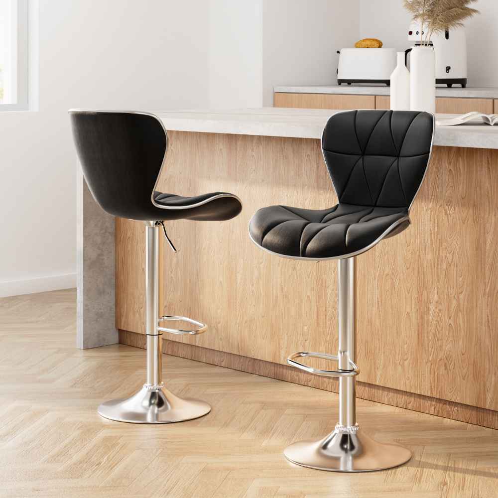 Anna PU Leather & Chrome Base Bar Stools - Black (Set of 2)